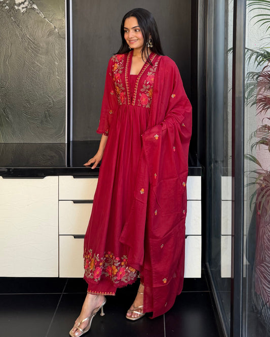 Maroon Round Kurta Pant Set With Dupatta  For Women