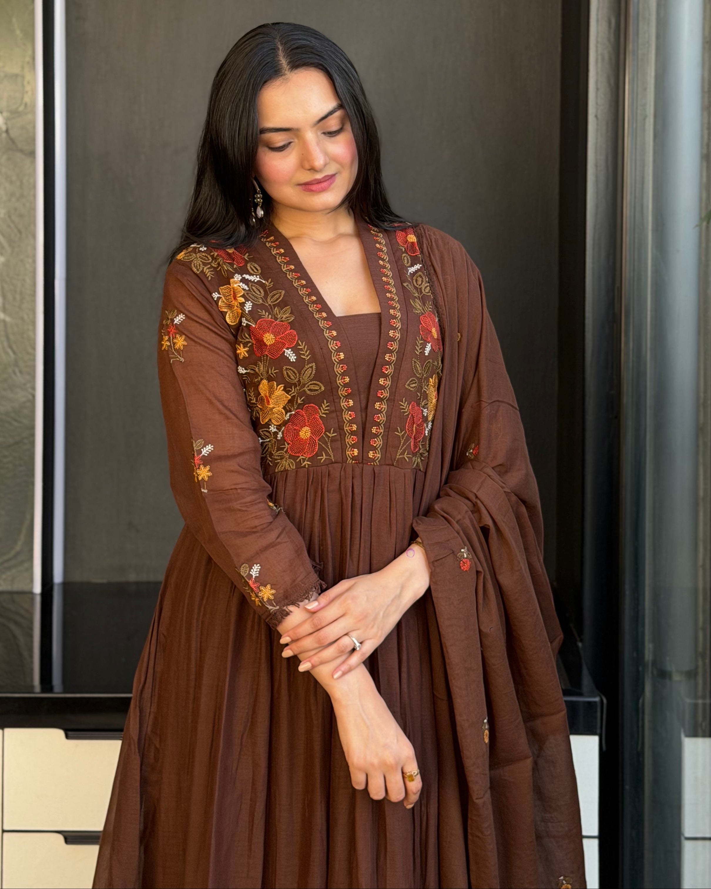 Brown Round Kurta Pant Set With Dupatta  For Women