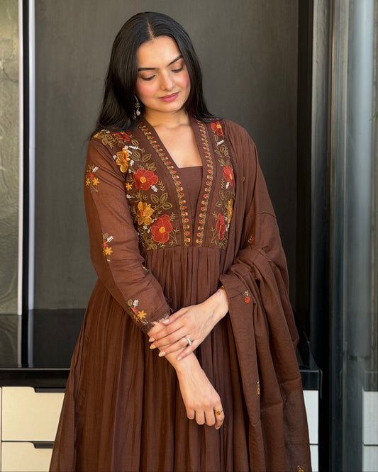 Brown Round Kurta Pant Set With Dupatta  For Women