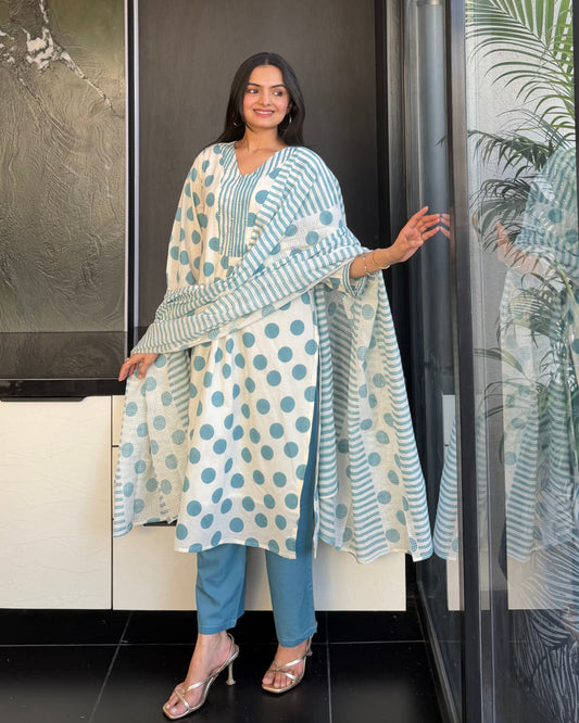 White Sky Straight Kurta Pant Set With Dupatta