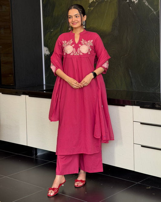 Pink Straight Kurta Plazzo Set With Dupatta  For Women