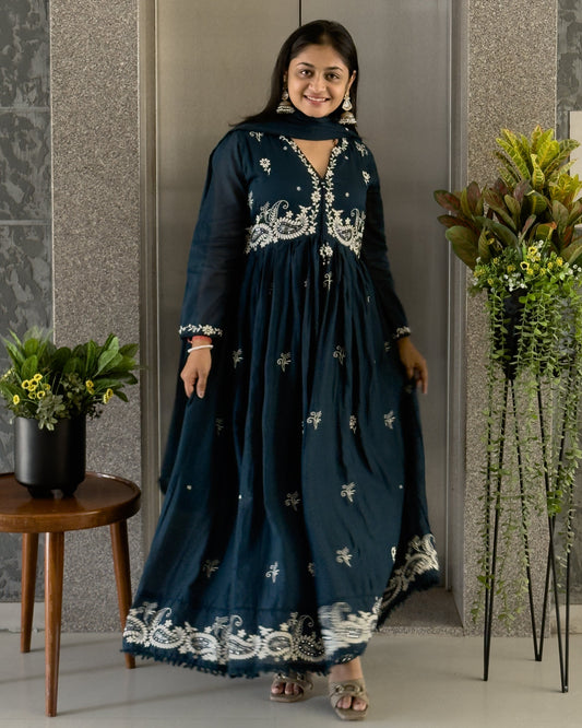 Teal Blue Round Kurta Pant Set With Dupatta  For Women
