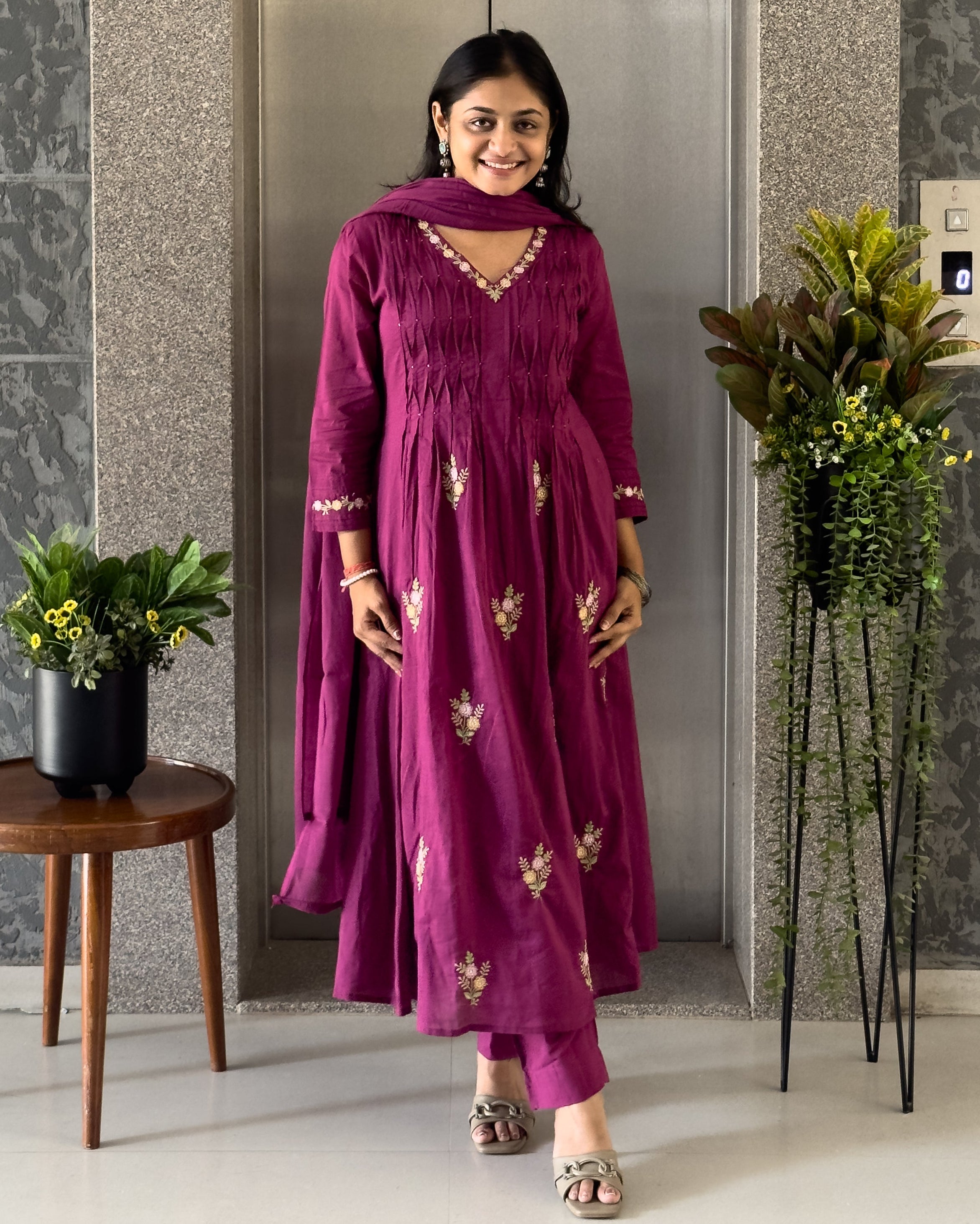 Wine Round Kurta Pant Set With Dupatta  For Women