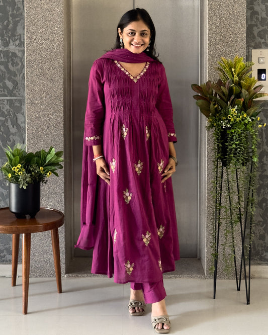 Wine Round Kurta Pant Set With Dupatta  For Women