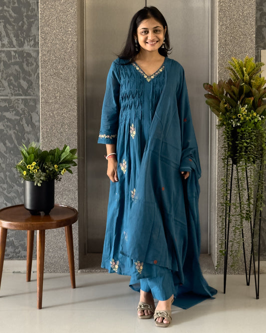 Teal Blue Round Kurta Pant Set With Dupatta  For Women