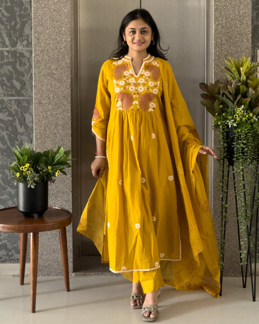 Yellow Straight Kurta Pant Set With Dupatta  For Women