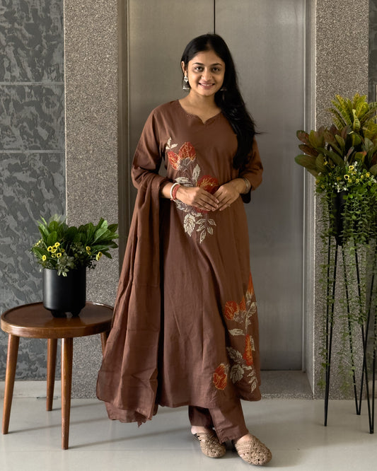 Brown A Line Kurta Pant Set With Dupatta  For Women