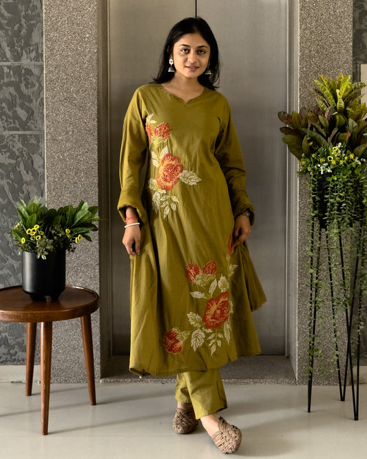 Olive  A Line Kurta Pant Set With Dupatta  For Women