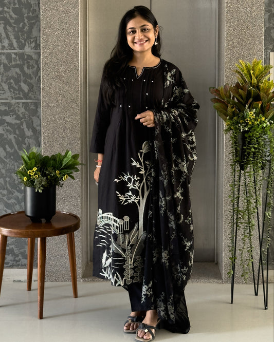 Black A Line Kurta Pant Set With Dupatta  For Women