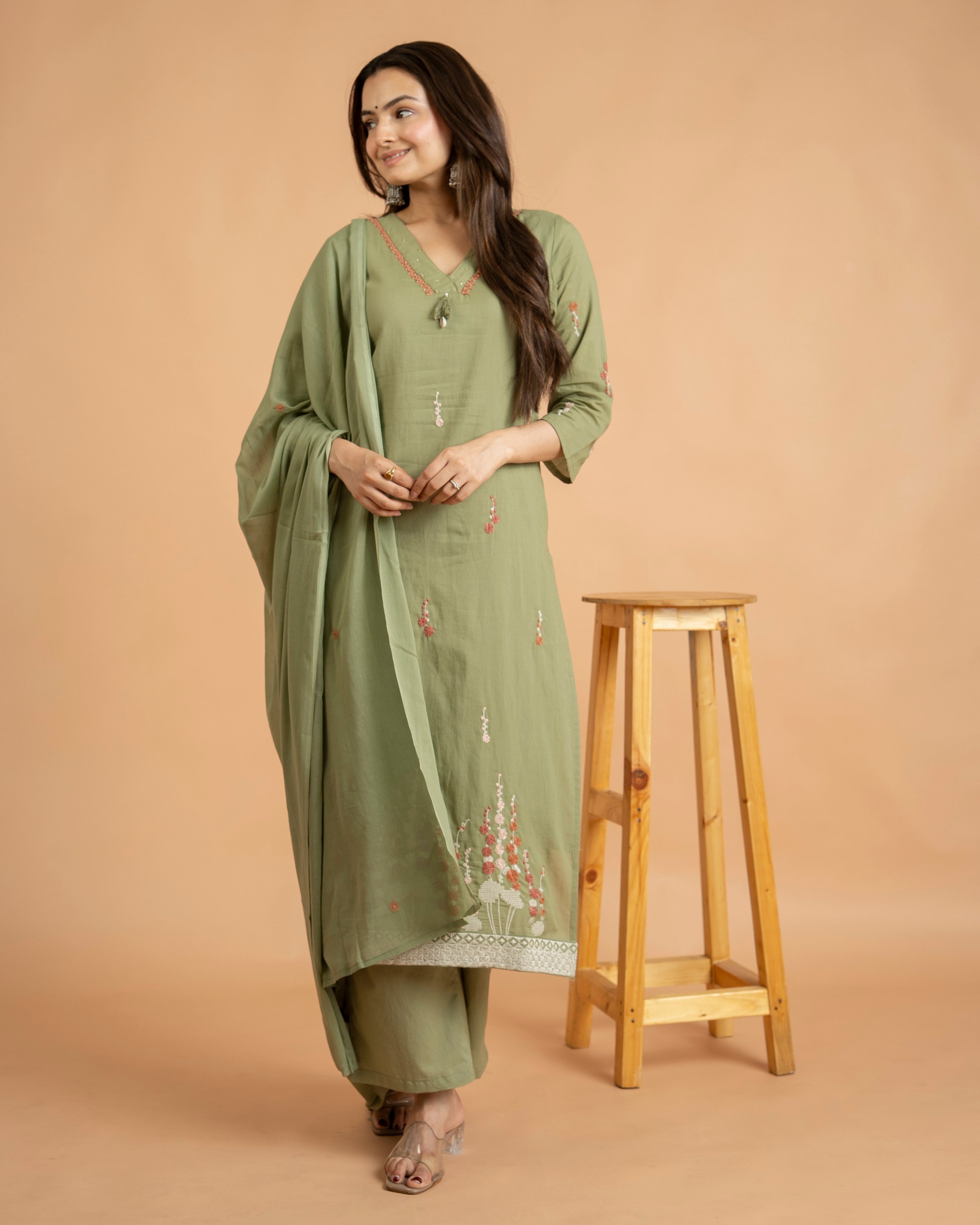 Sage Green Embroidered Kurta, Palazzo & Dupatta Set