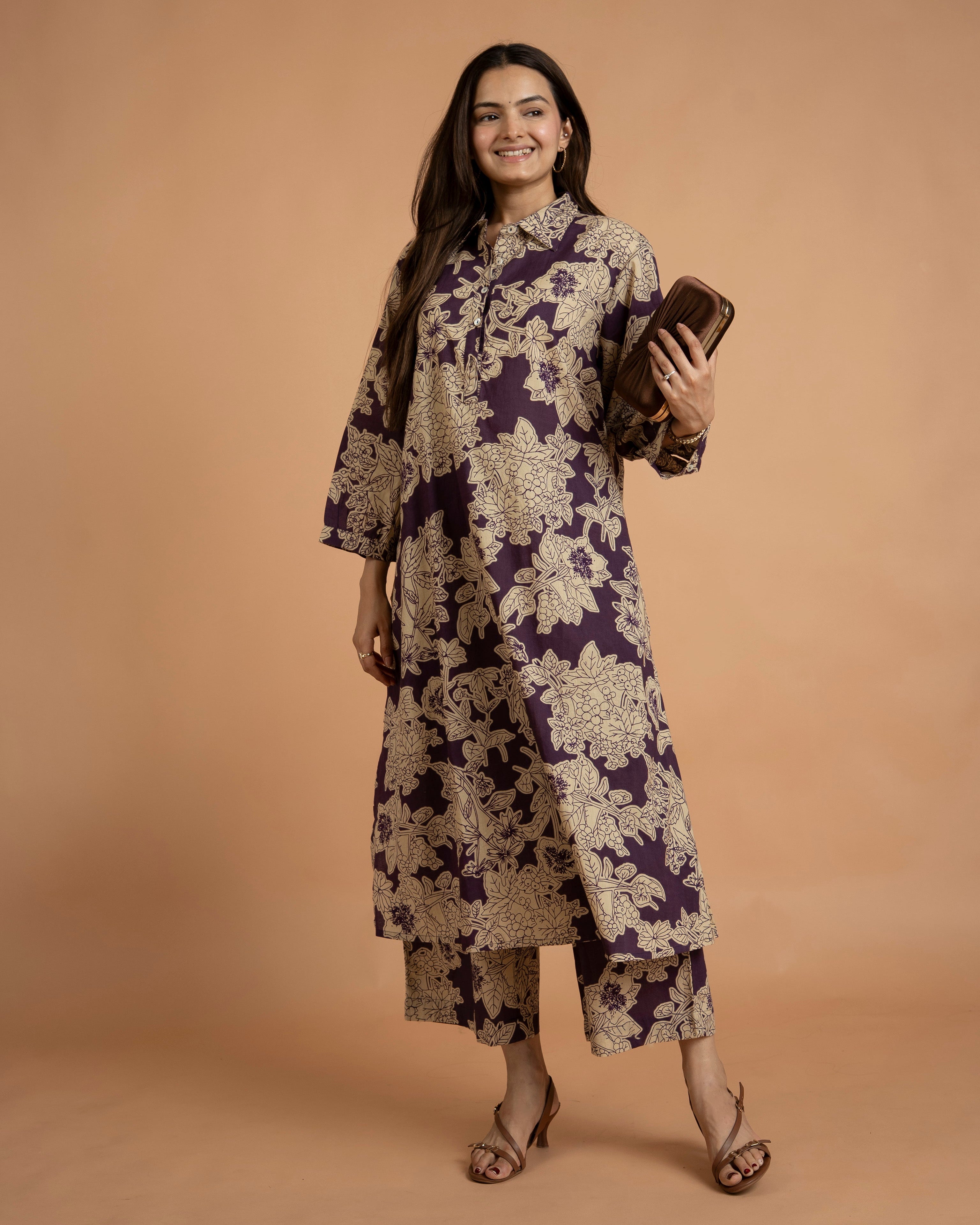 Purple A-Line Straight Kurta Palazzo Set For Women