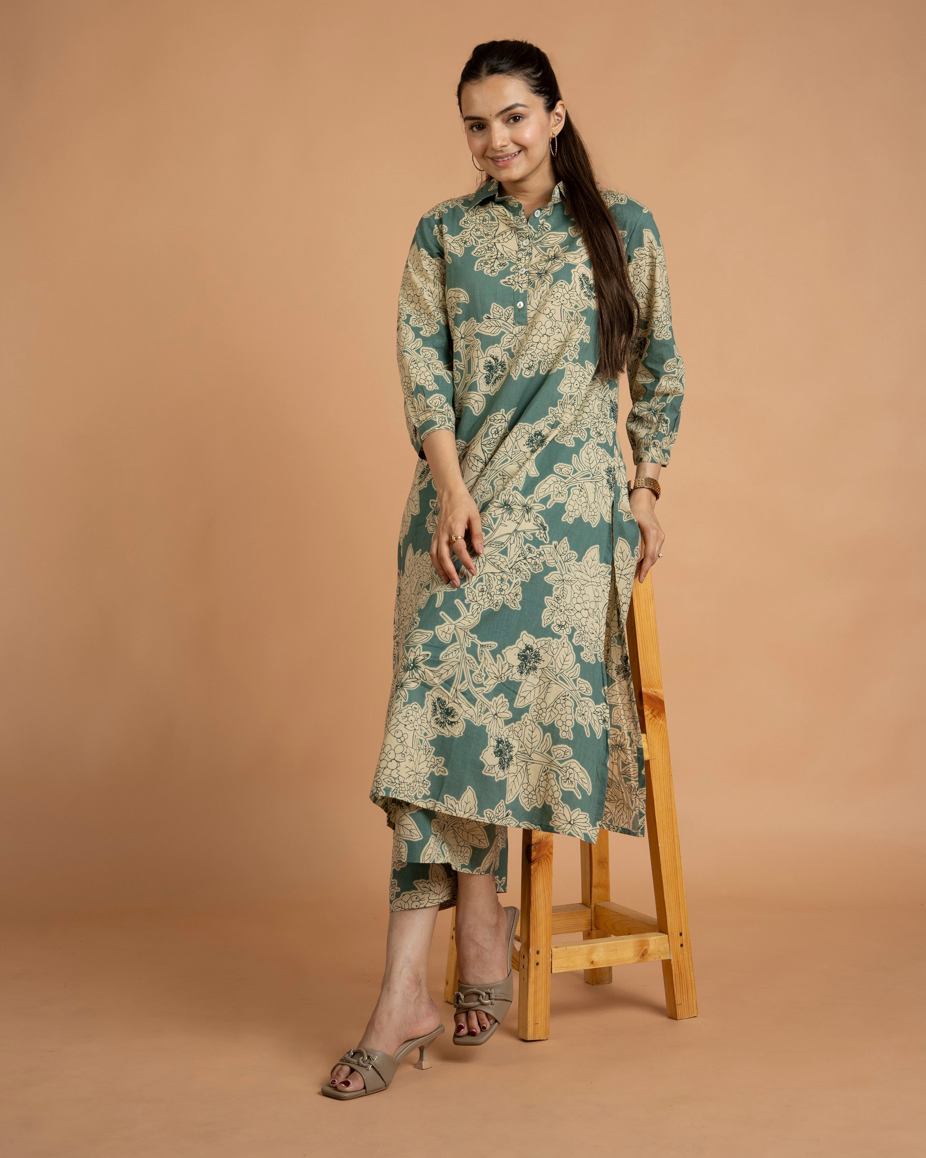 Sea Green A-Line Straight Kurta Pant Set For Women