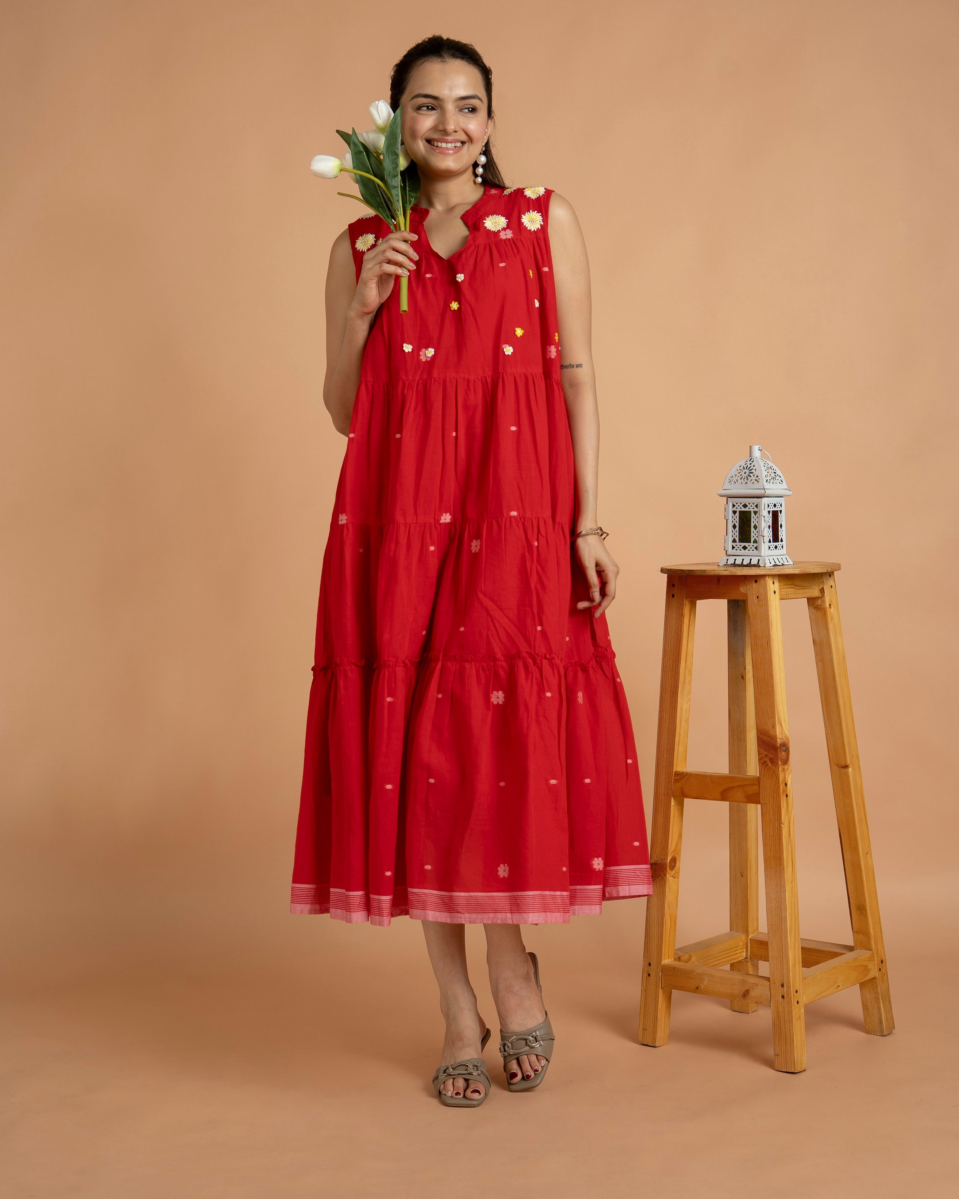 Premkala Red Tiered Midi Dresses with Floral Embroidery | Sleeveless Mal Cotton Ethnic Dresses for Women