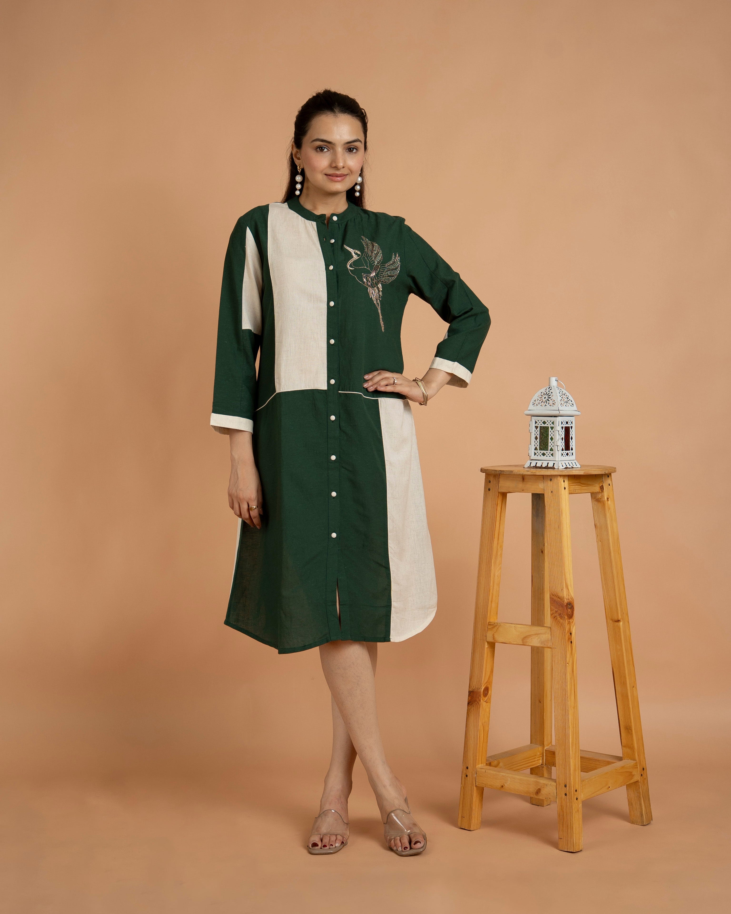Green Khadi Cotton One Piece Dresses