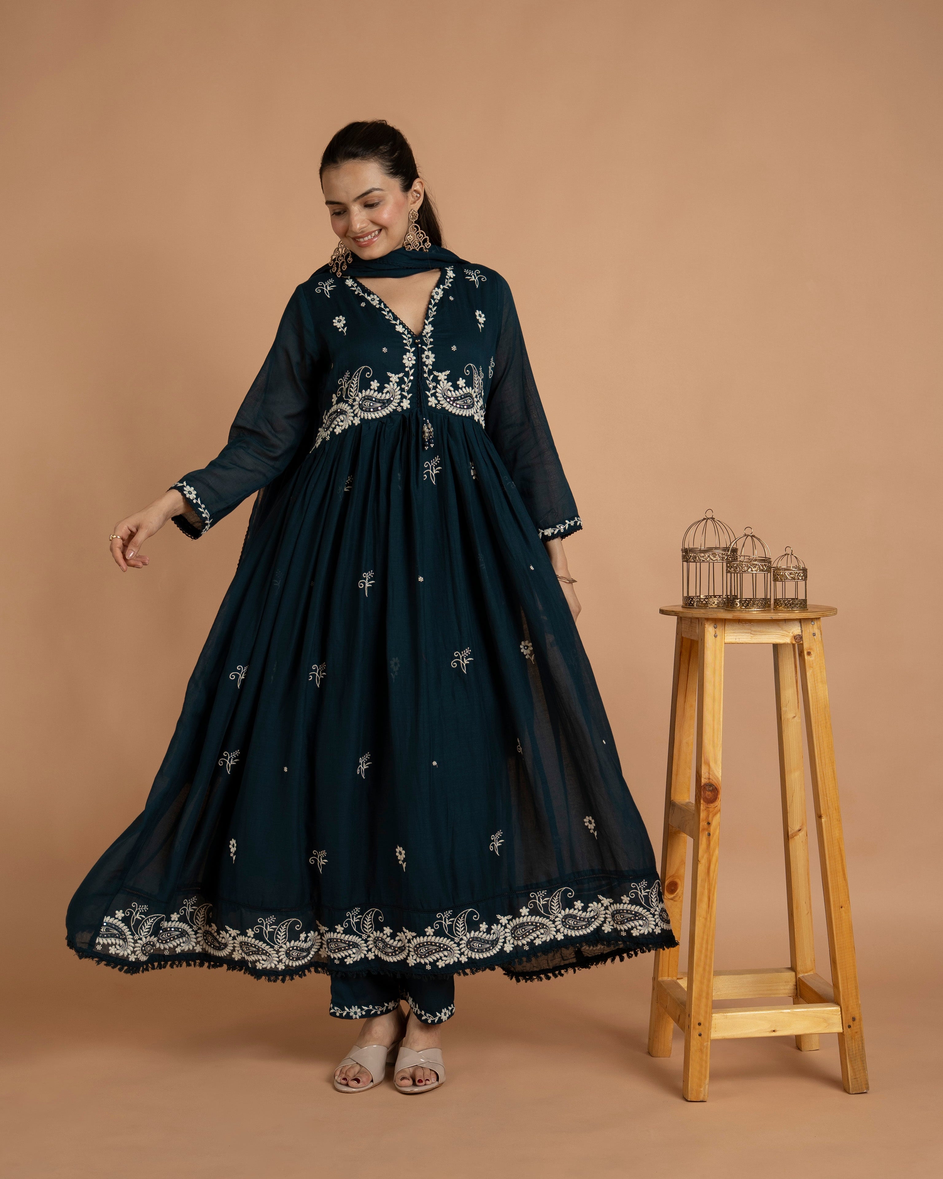 Teal Blue Round Kurta Pant Set With Dupatta  For Women