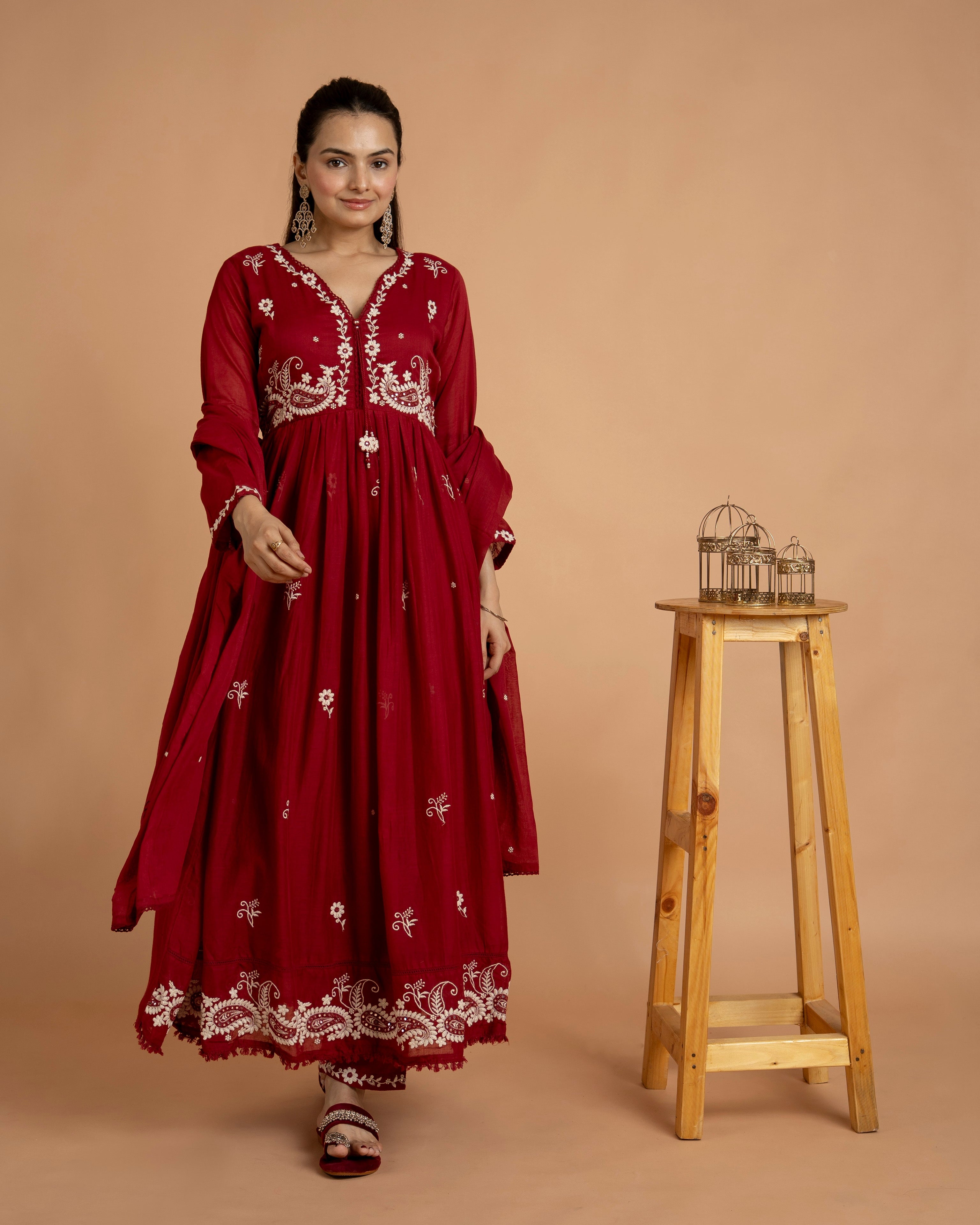 Maroon Round Kurta Pant Set With Dupatta For Women