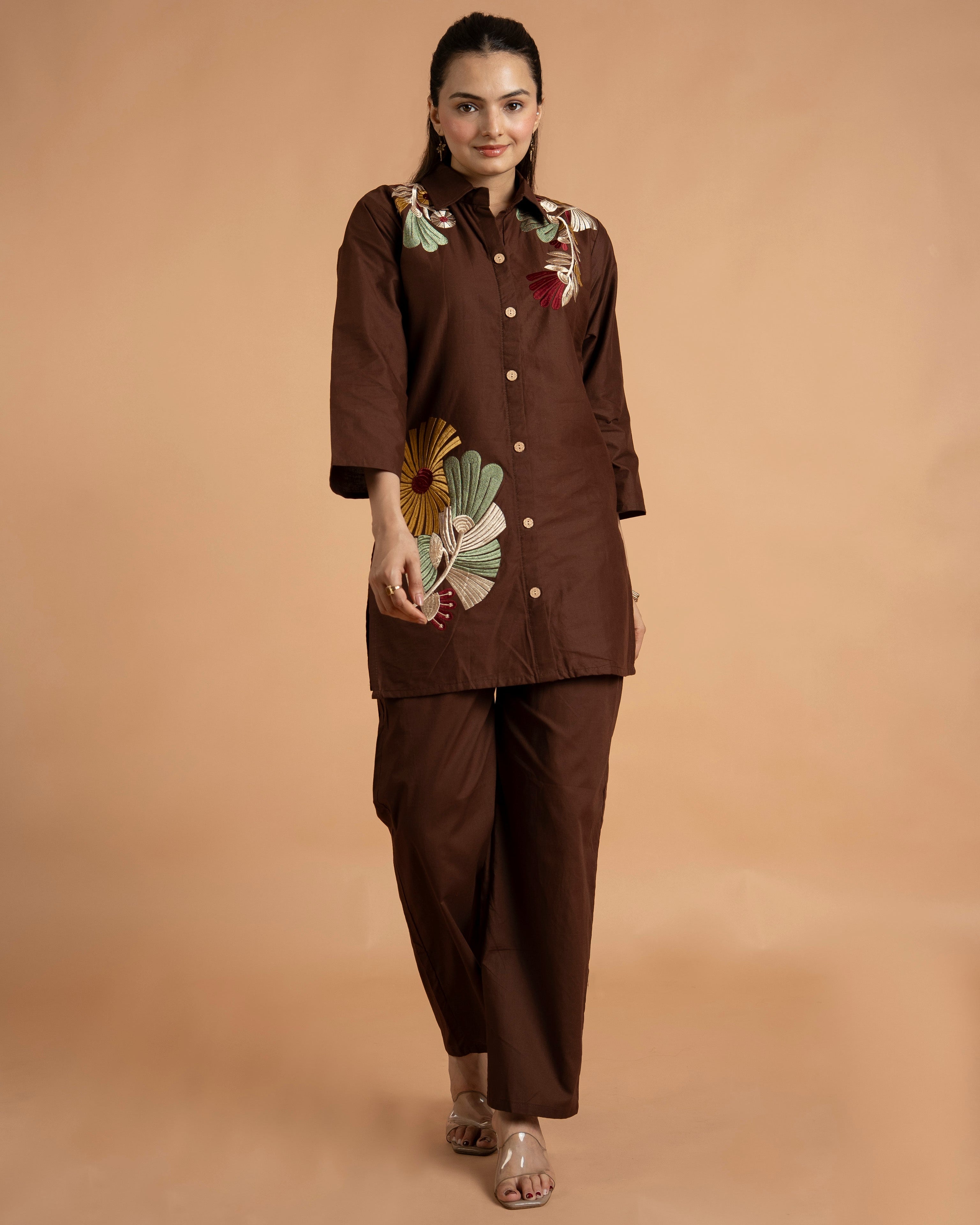 Brown Cotton Shirt Pant Co-ord Set for Women with Collar Neck & Embroidery