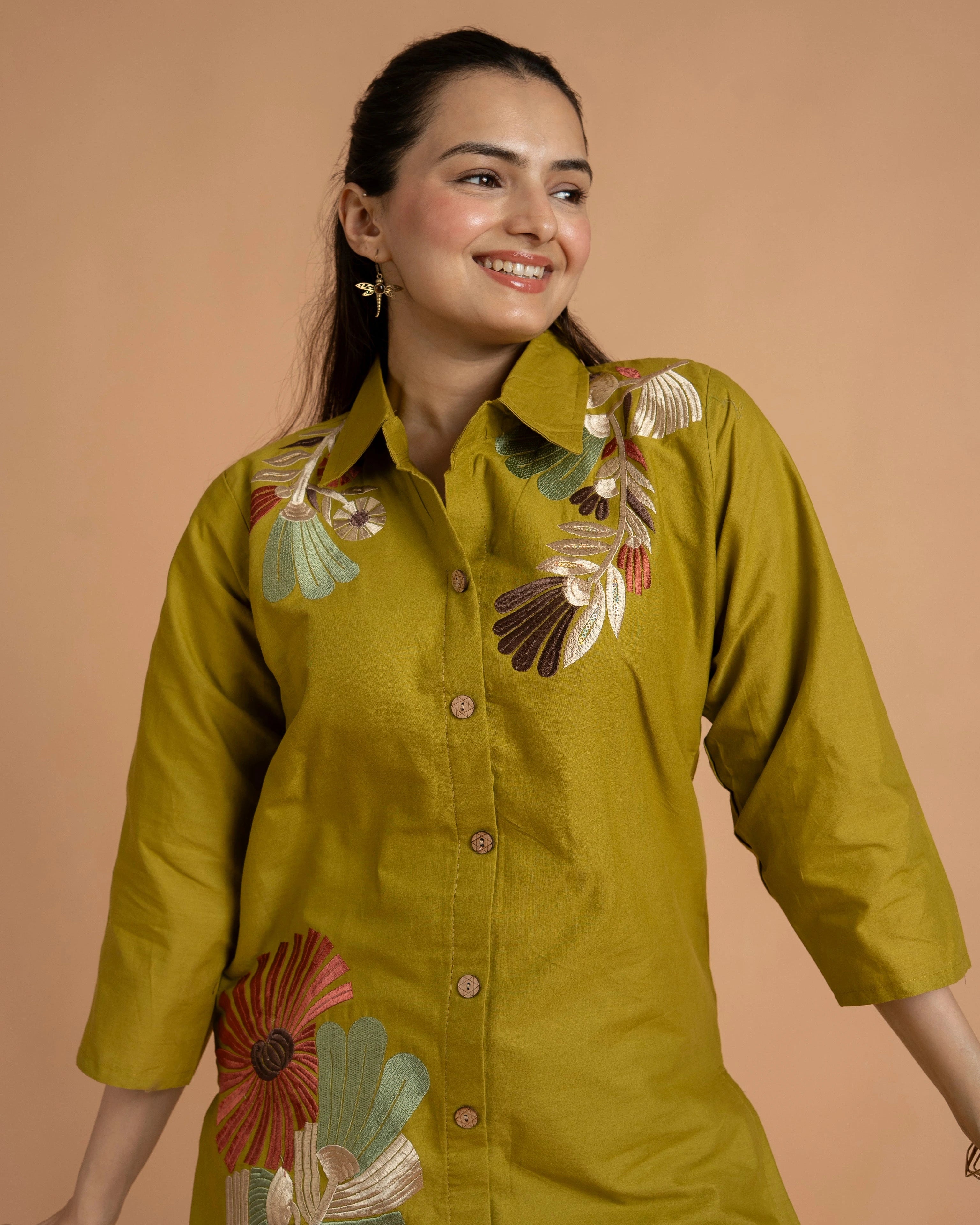 Stylish Mustard Yellow Floral Embroidered Co-Ord Set For Women