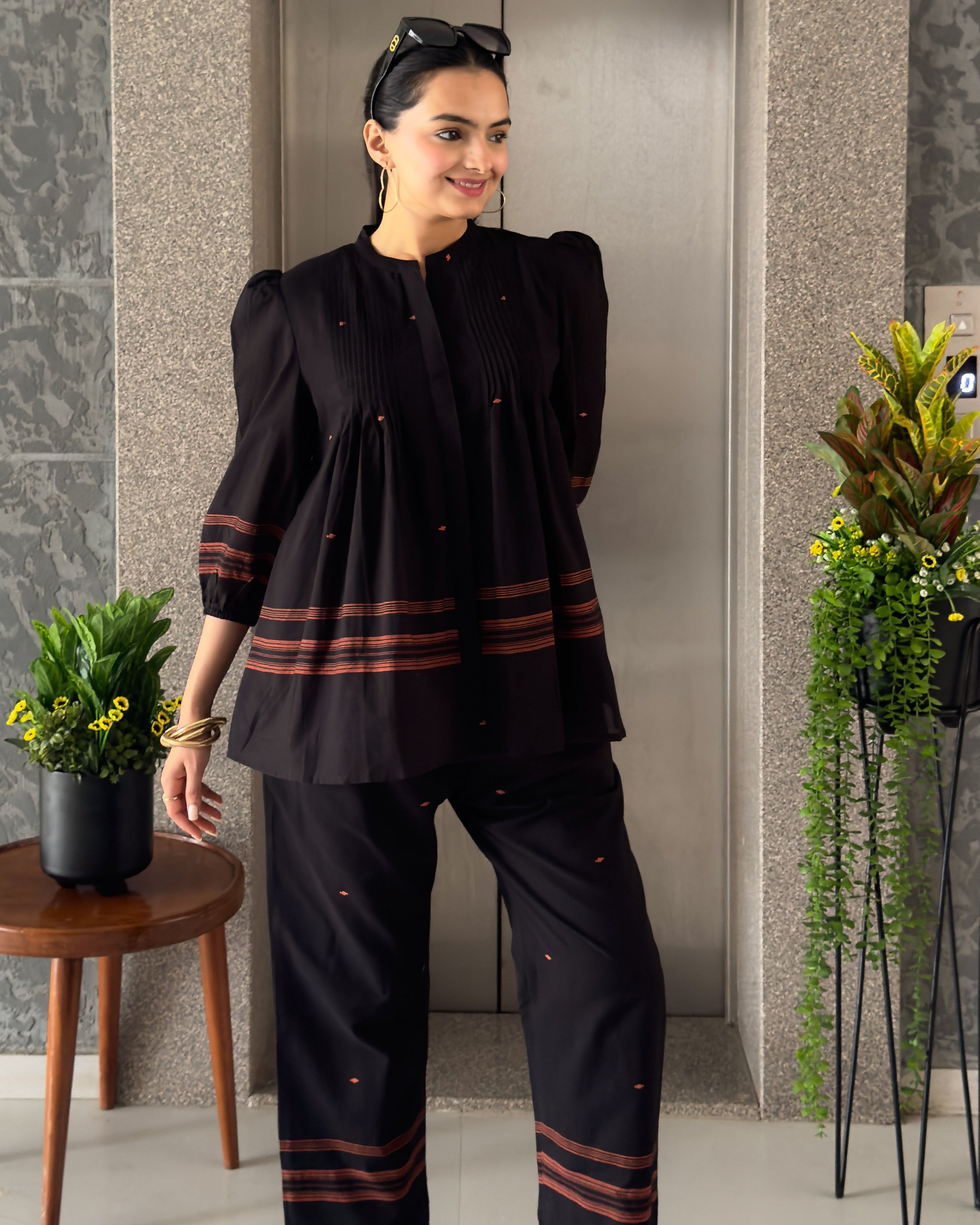 Front View Of Black Cotton Co Ord Set For Girls