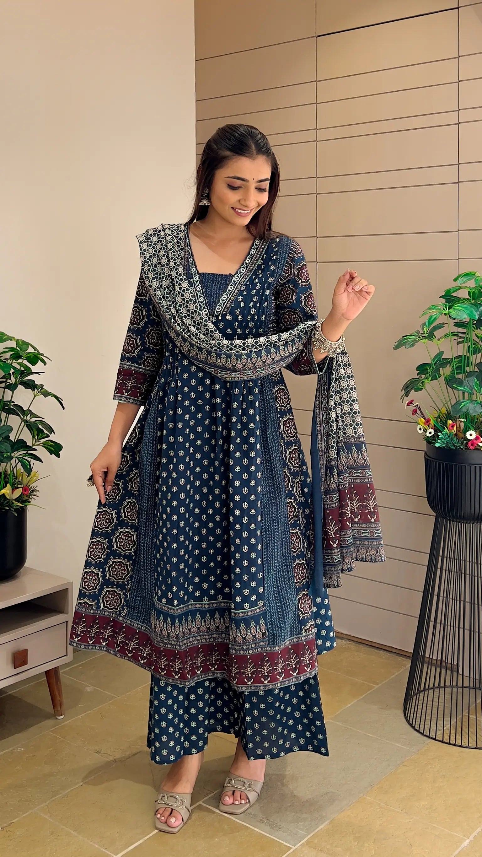 Blue A-line Kurta Palazzo Set For Women
