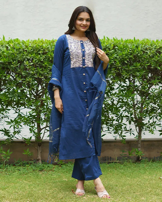 Blue Embroidered Straight Kurta Pant Set with Dupatta