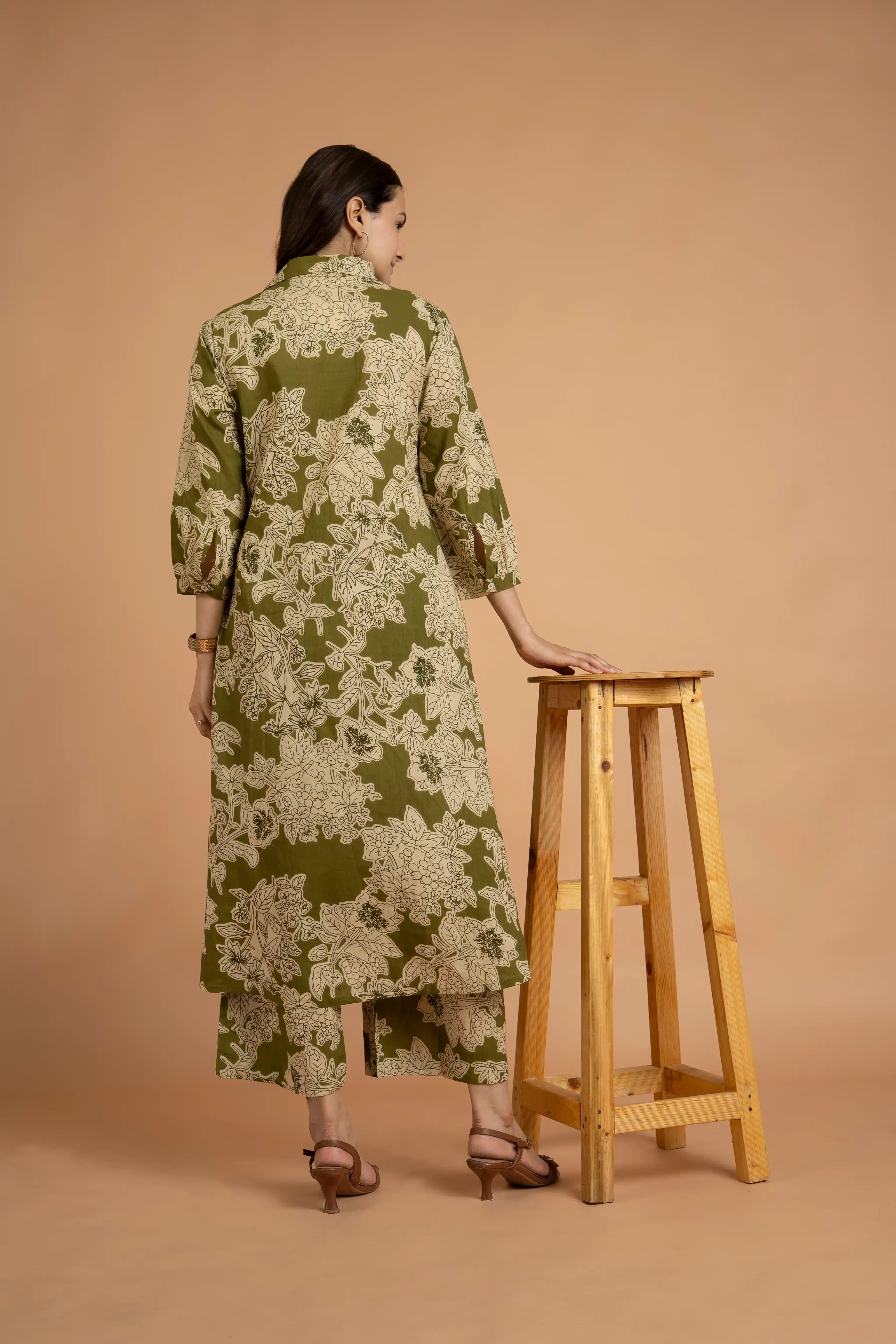 Designer Olive Green Floral Print Kurta Set