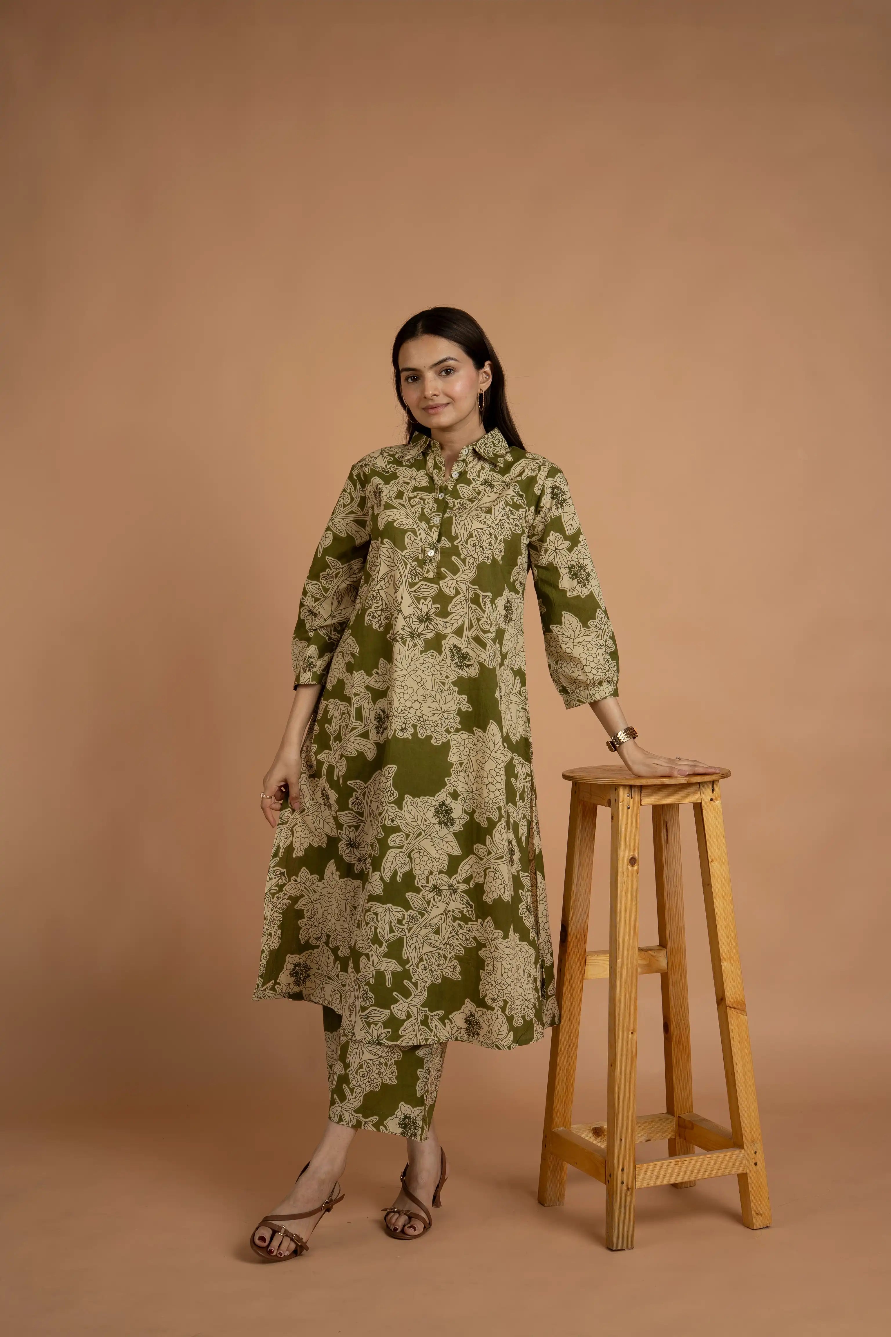 Women's Olive Green Floral Print Kurta and Palazzo Set