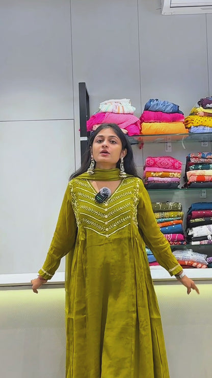 Olive A-line Round Kurta Pant Set With Dupatta
