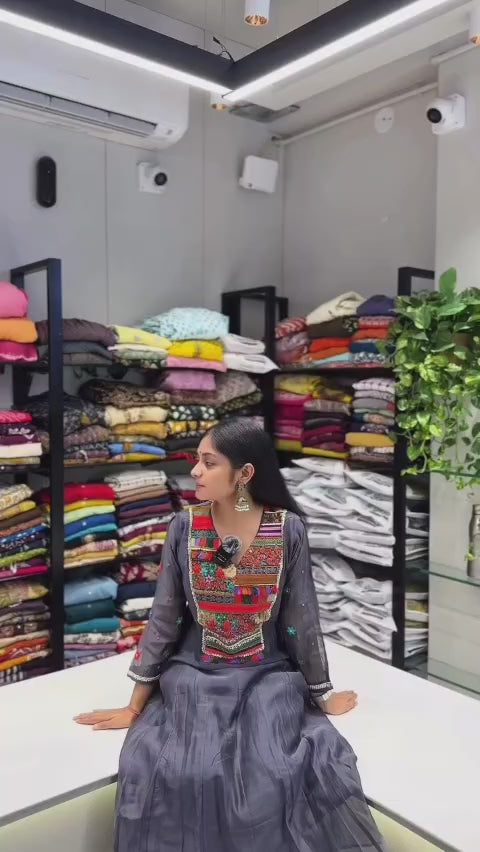 Grey Round Mal Chanderi Kurta Pant Set for Women