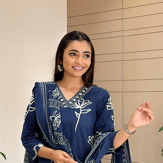 Teal Blue Printed V neck Kurti