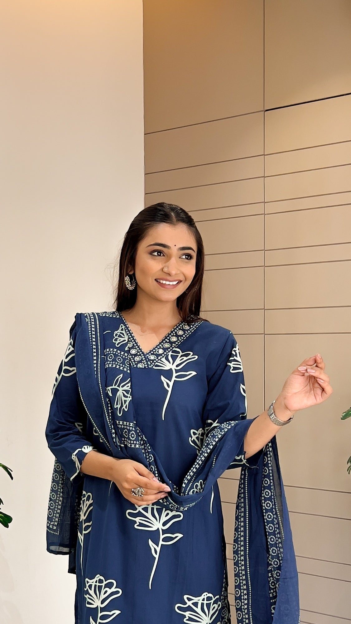 Teal Blue Printed V neck Kurti