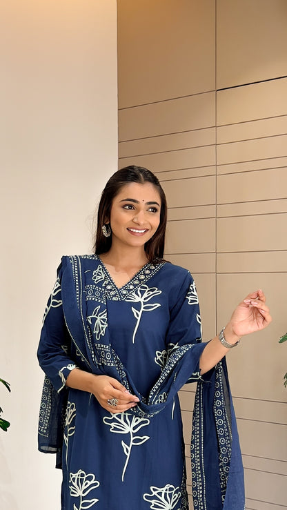 Teal Blue Printed V neck Kurti
