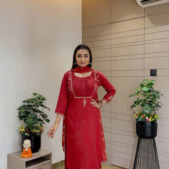 Red Embroidered 3 Piece Kurti  