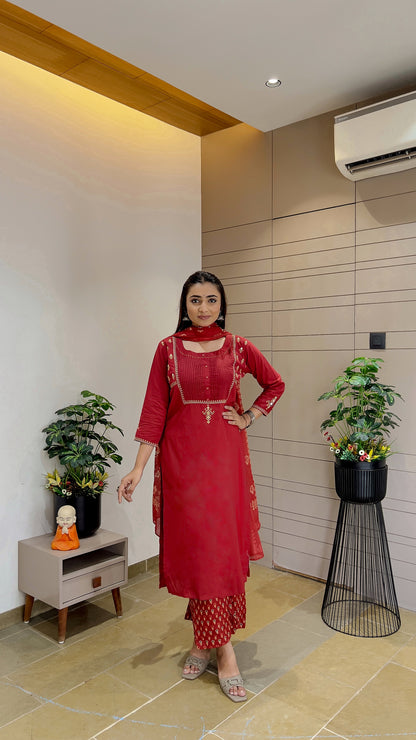 Red Embroidered 3 Piece Kurti  