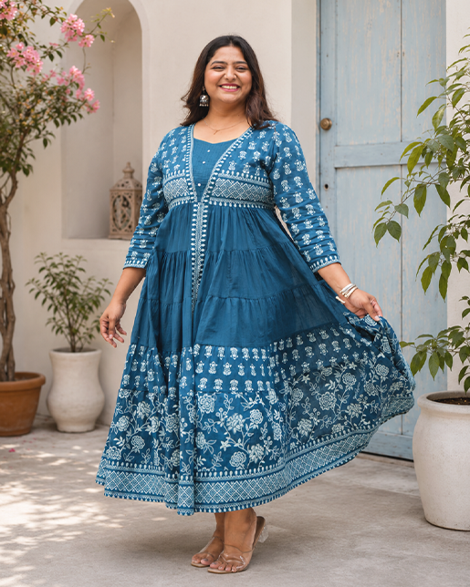 Teal Blue Floral Print Cotton Maxi Dress for Women – Elegant Everyday & Festive Wear