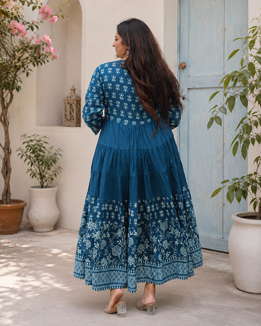 Teal Blue Cotton Maxi Gown with Floral Print