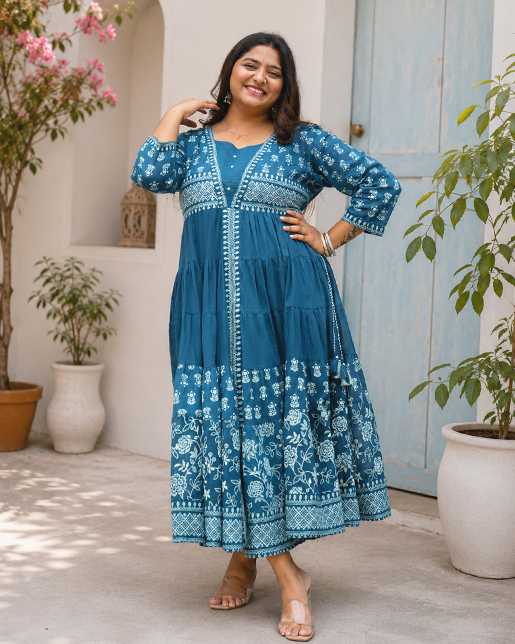 ethnic cotton dress for women Teal Blue Hand-Touch Printed Maxi Gown – Flare Color:Forest-Green Style:CM1355D Atoguta Size 4t-14 Girls Printed Style