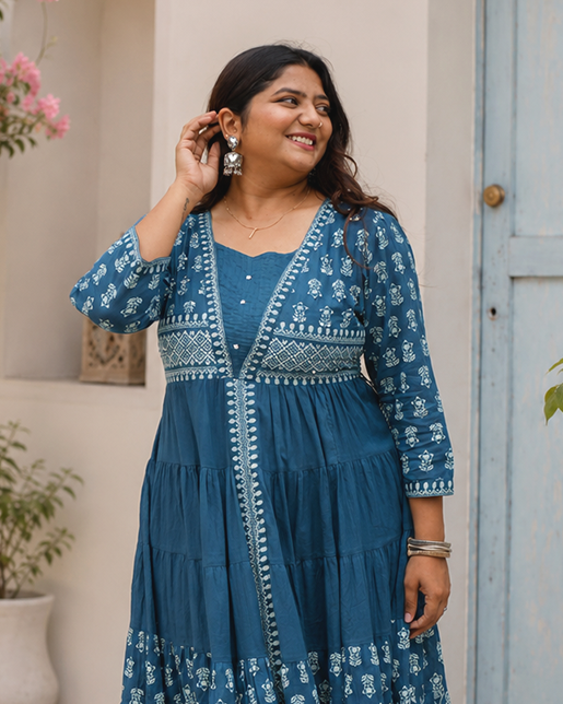 Premium Teal Blue Cotton Flare Gown for Women with White Floral Design