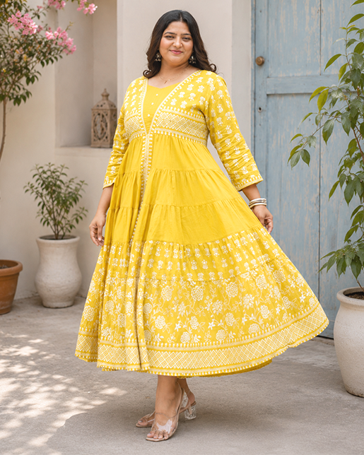 Premium Yellow Cotton Flare Gown for Women with White Floral Design