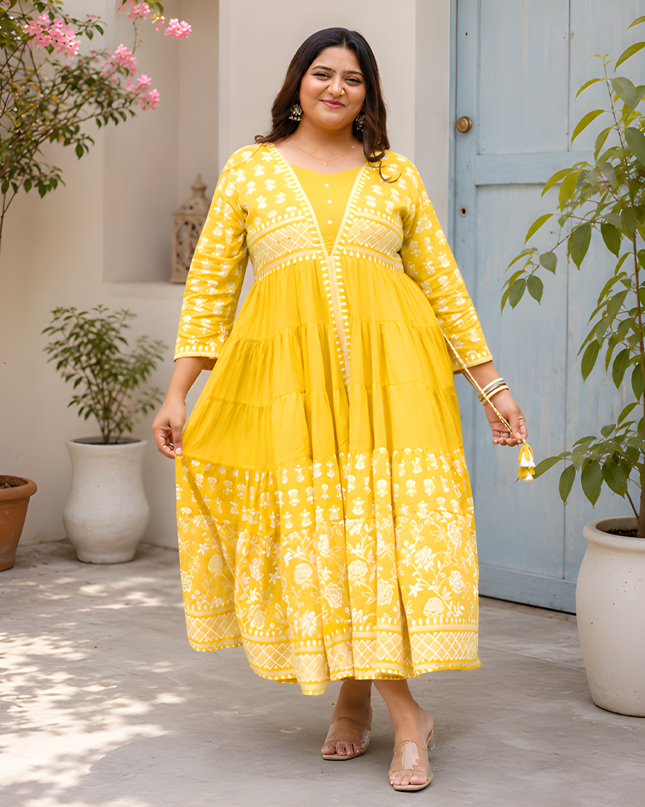 Women's Yellow Printed Cotton Flare Maxi Gown with V-Neck and Long Sleeves