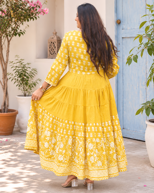 Yellow Ethnic Flare Maxi Gown for Women – Soft Cotton, Comfortable & Stylish