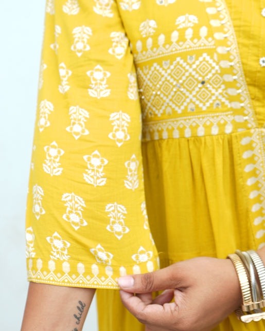 Women's Yellow Printed Cotton Flare Maxi Gown