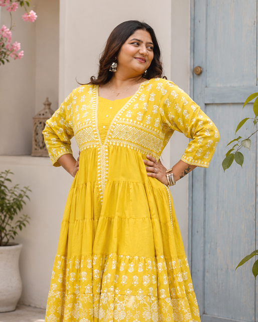 Yellow Floral Print Cotton Maxi Dress for Women – Elegant Everyday & Festive Wear